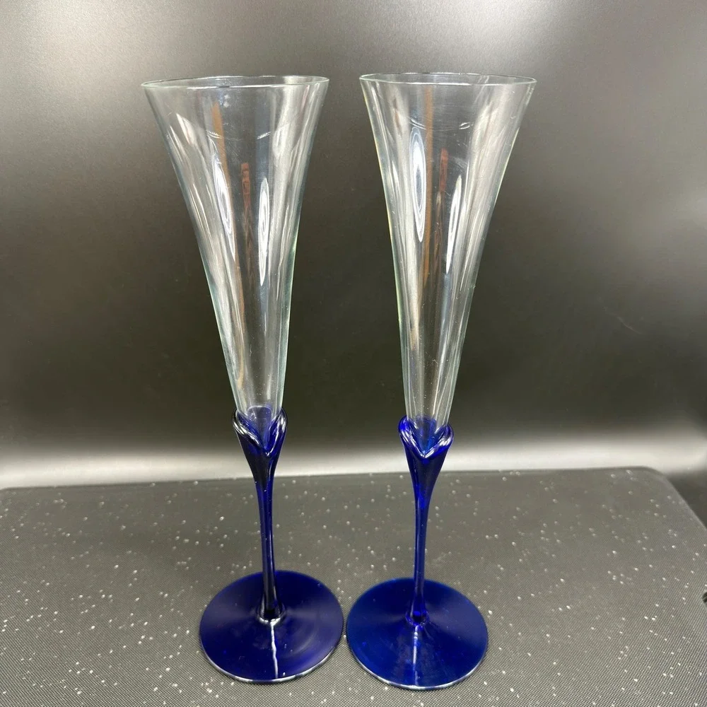 Colony Glass Cobalt Blue Stem Champagne Flutes‎ Set of 2 Glasses 11 Inch Clear